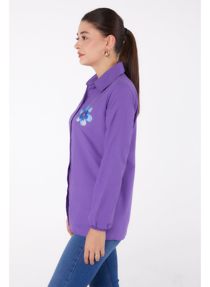 Plain Shirt Collar Women's Lilac Printed Shirt - 13338