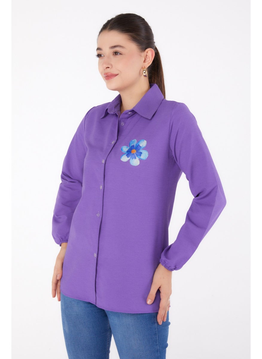 Plain Shirt Collar Women's Lilac Printed Shirt - 13338