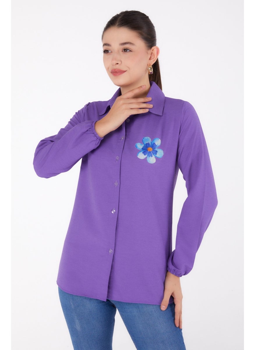 Plain Shirt Collar Women's Lilac Printed Shirt - 13338