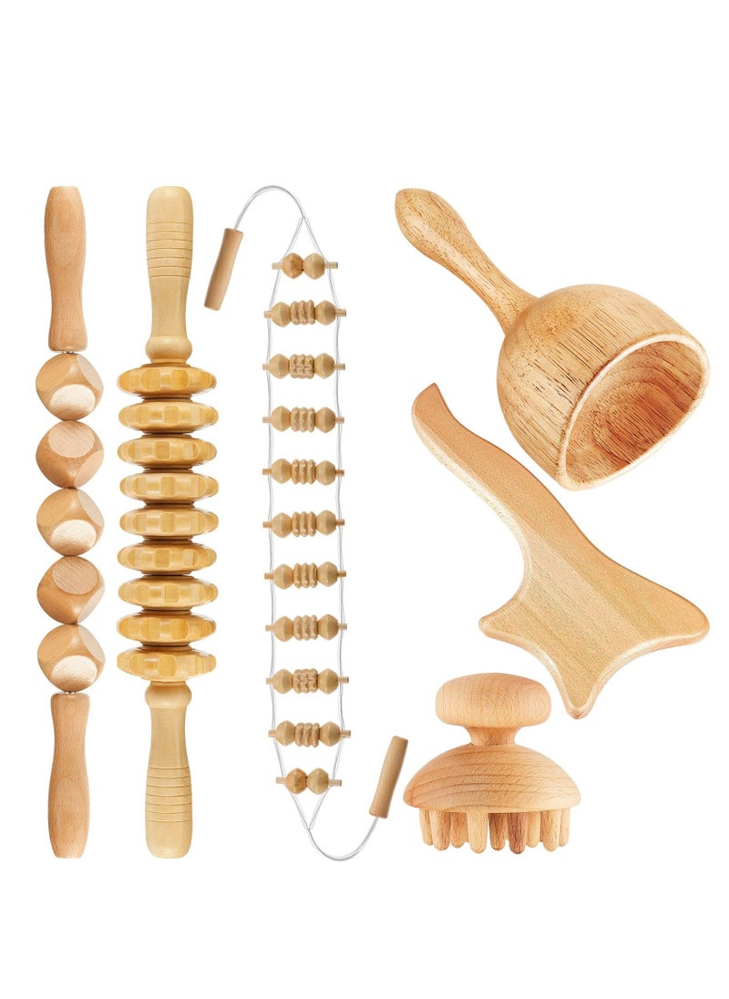 6 Piece Wooden Therapy Set Massage Tool Manual Wooden Fascia Massager for Cellulite Release Muscle Blasting Pain Relief Body Sculpting Tool