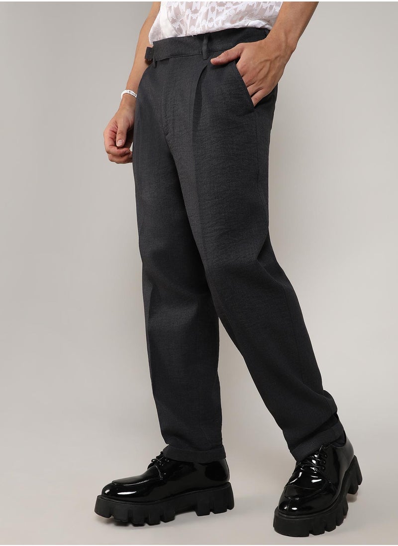 Men's Charcoal Black Tailored Linen-Blend Trousers