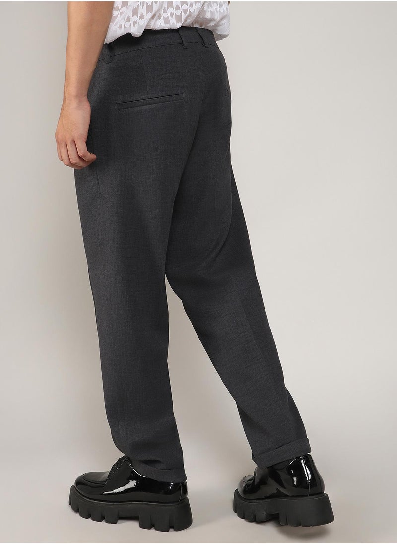 Men's Charcoal Black Tailored Linen-Blend Trousers