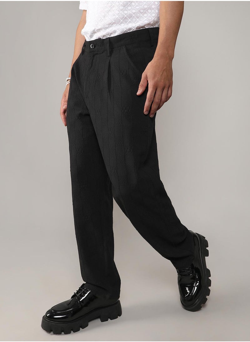 Men's Midnight Black Creased-Check Trousers