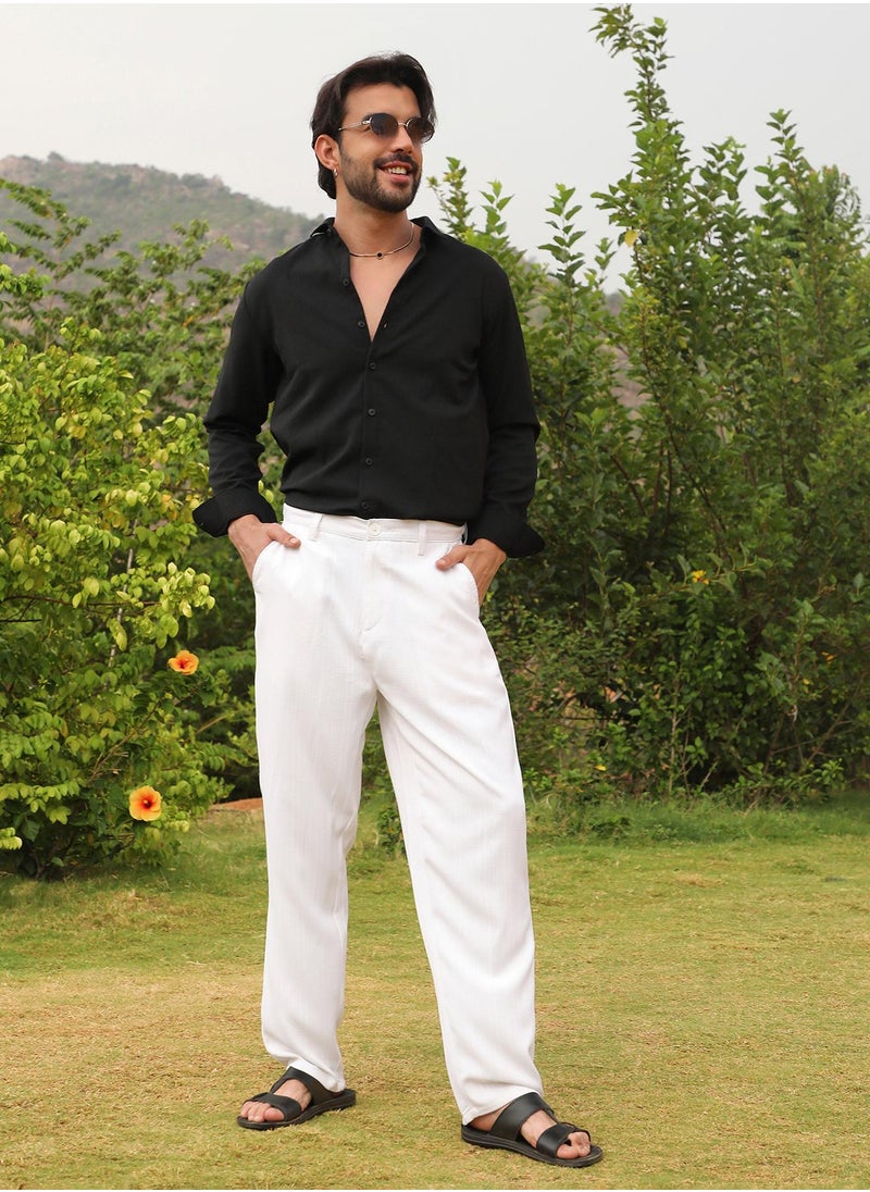 Men's Chalk White Tailored Linen-Blend Trousers