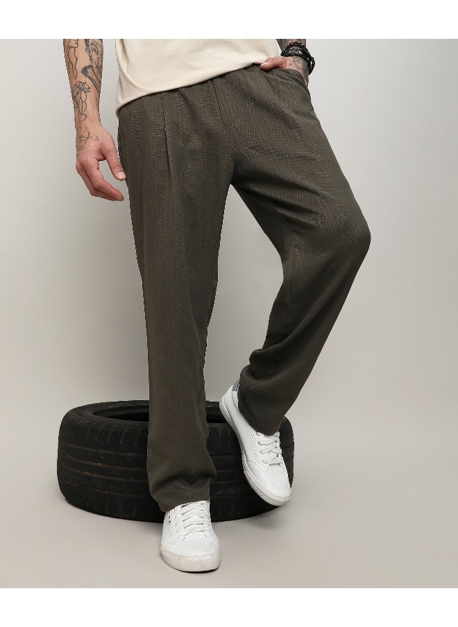 Men's Army Green Solid Tailored Trousers