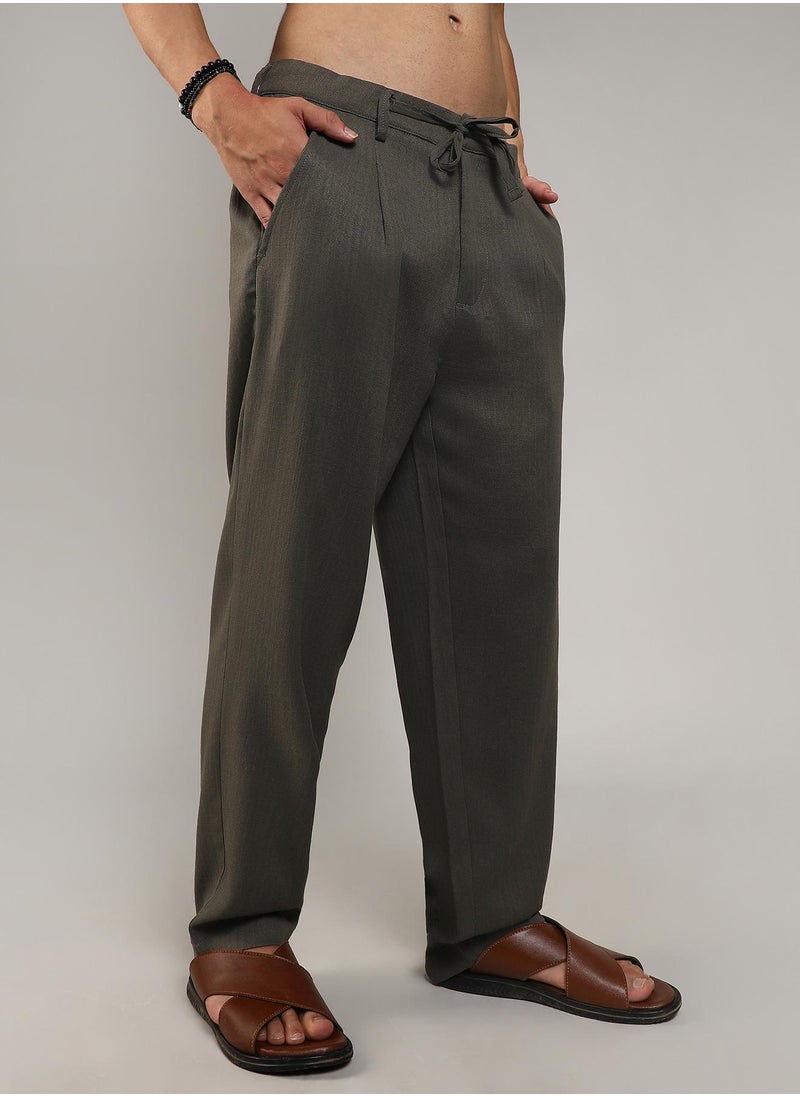 Men's Olive Green Tailored Linen-Blend Trousers