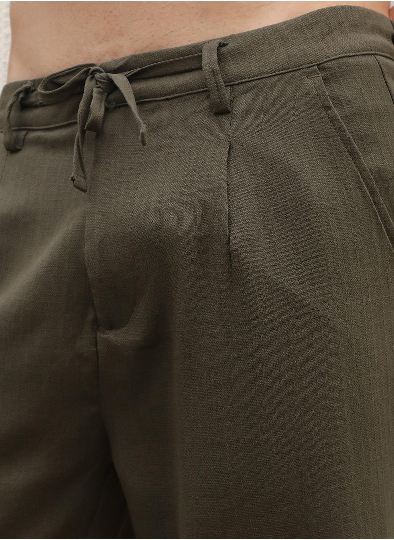 Men's Olive Green Tailored Linen-Blend Trousers