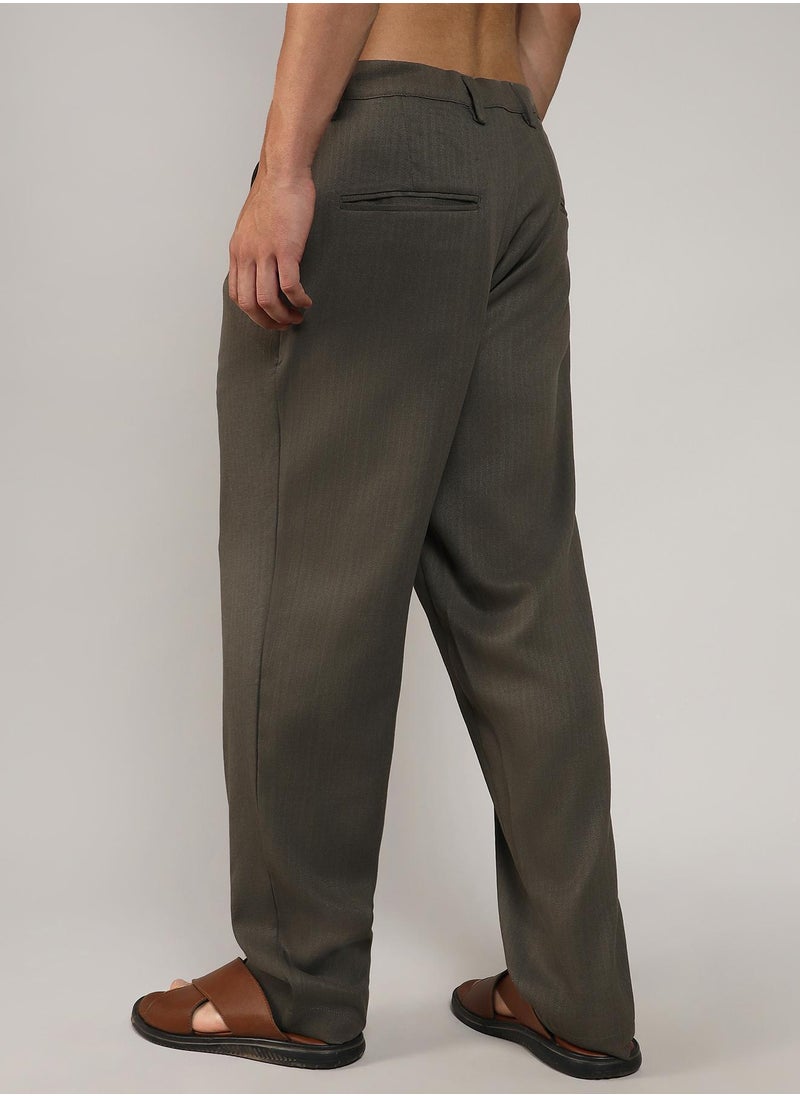 Men's Olive Green Tailored Linen-Blend Trousers