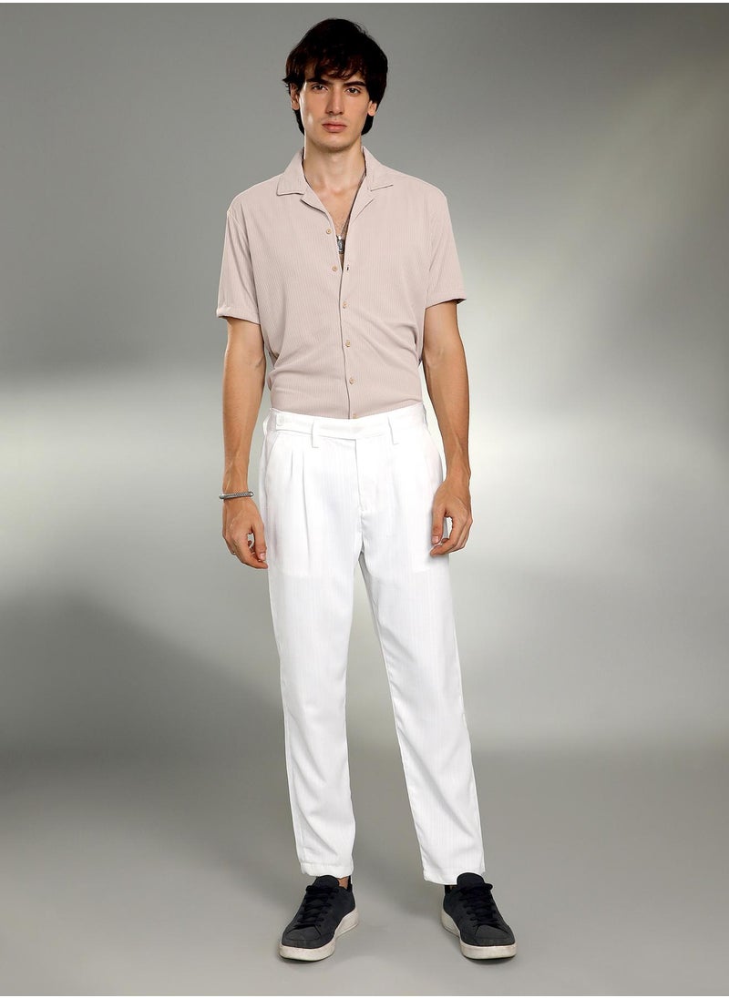 Men's Cream White Pleated Tailored Trousers