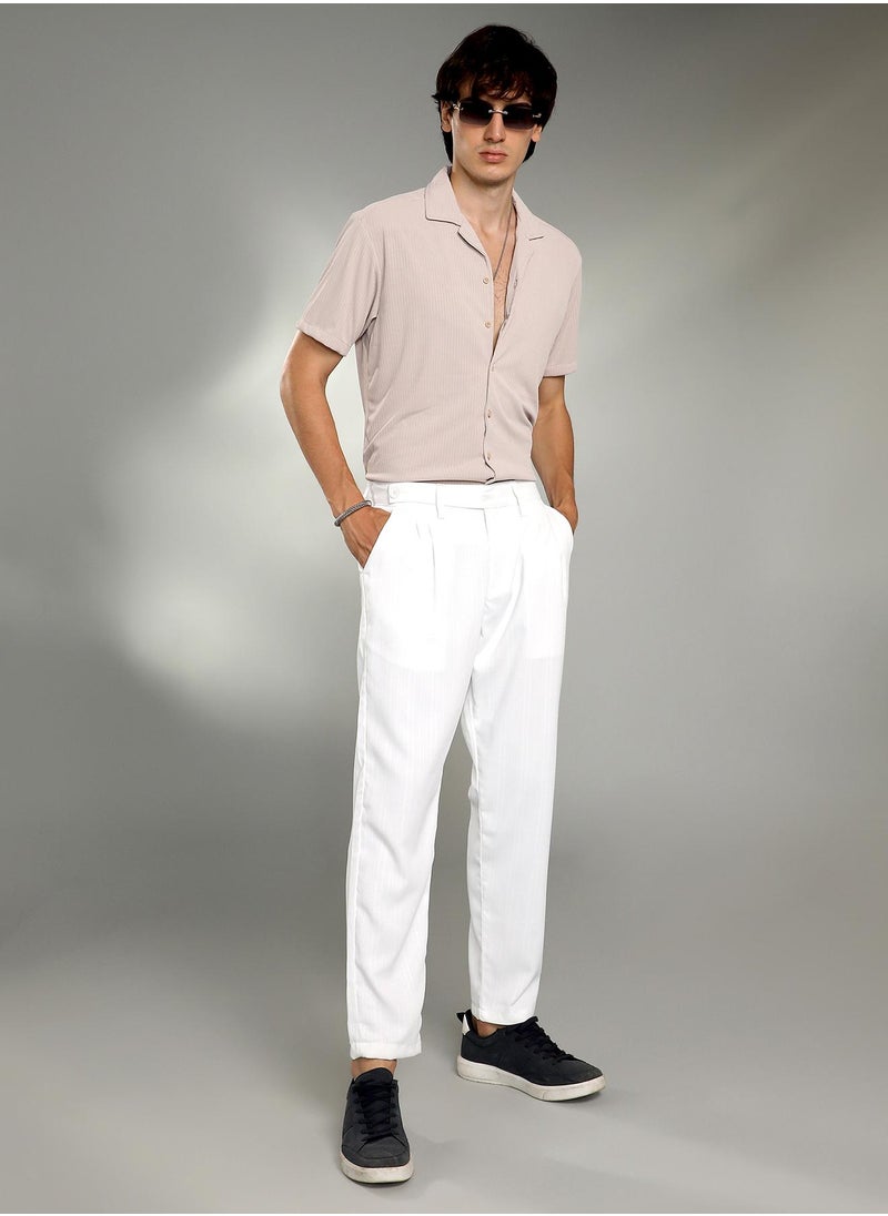 Men's Cream White Pleated Tailored Trousers