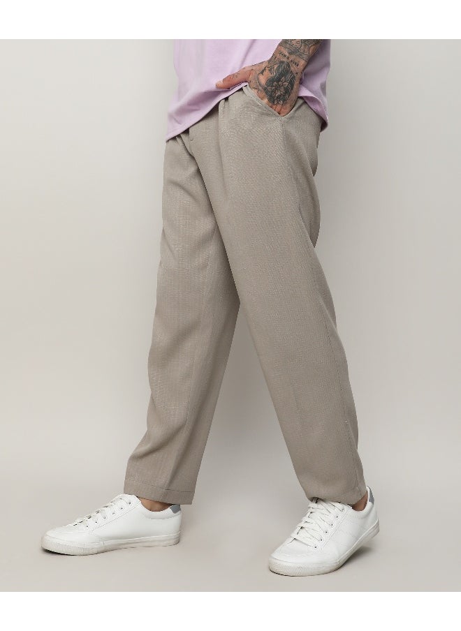 Men's Oatmeal Beige Solid Tailored Trousers