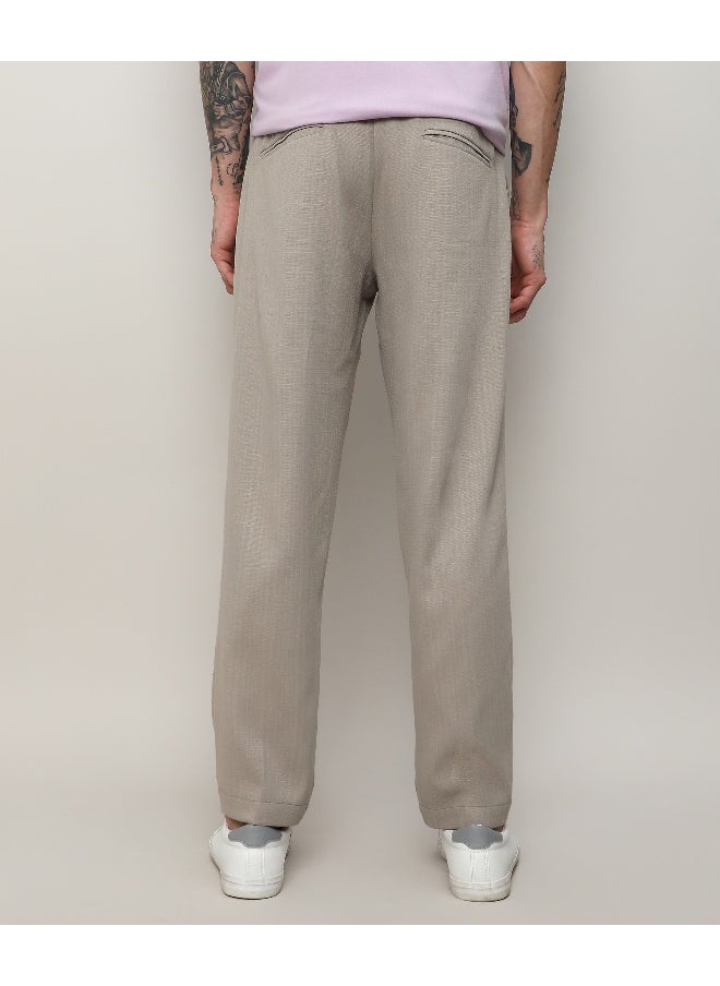 Men's Oatmeal Beige Solid Tailored Trousers