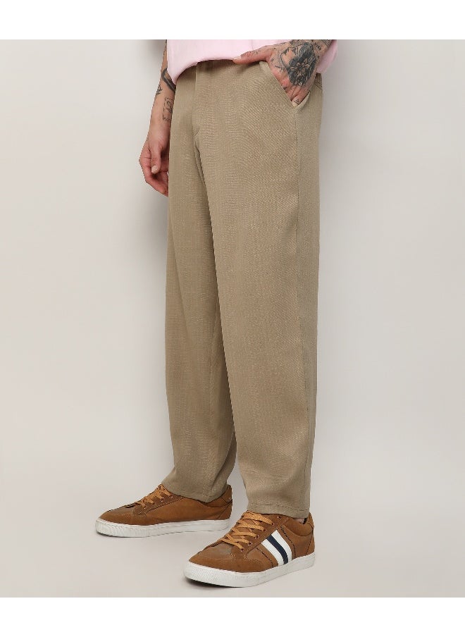 Men's Beige Solid Tailored Trousers