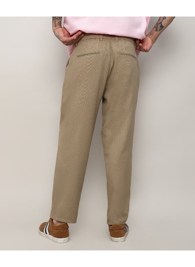 Men's Beige Solid Tailored Trousers