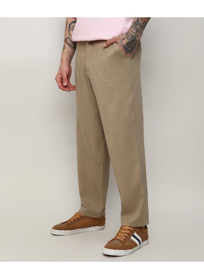 Men's Beige Solid Tailored Trousers