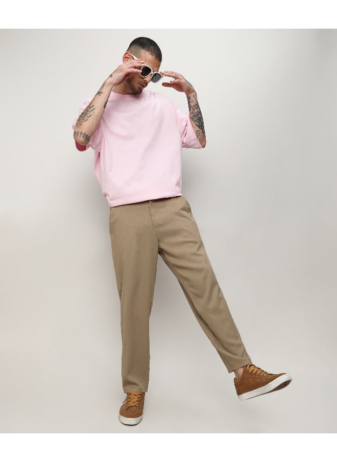 Men's Beige Solid Tailored Trousers