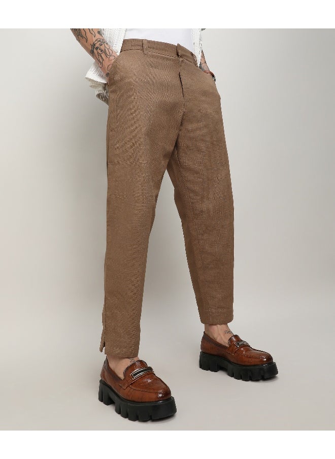 Men's Tan Brown Solid Tailored Trousers