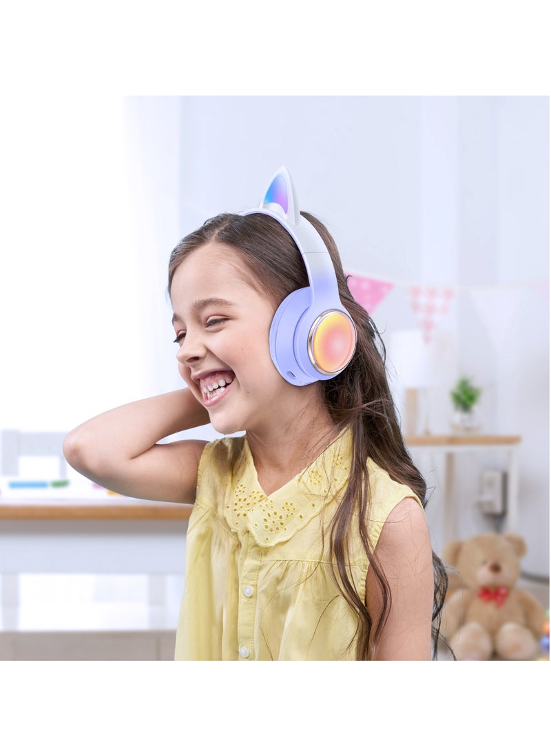 GL-400 Kids Wireless with LED Lights Headphone / Powerful 400mAh Battery / 8H Long Lasting Playing Time / Volume Limiting for Hearing Protection / Long Range 10m Bluetooth Distance / High Quality ABS+PU Material / Light Effect / Light Weight / Flashing Modes / AUX / Type C / BT5.3 / TF card - Purple