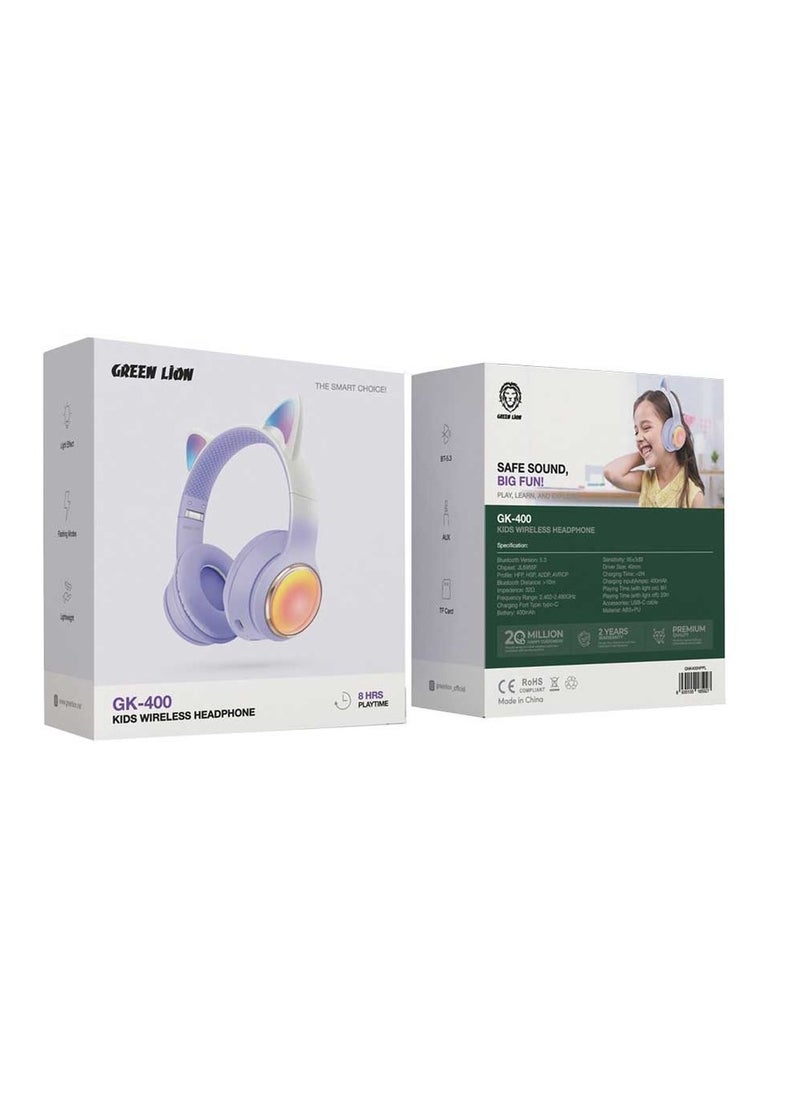 GL-400 Kids Wireless with LED Lights Headphone / Powerful 400mAh Battery / 8H Long Lasting Playing Time / Volume Limiting for Hearing Protection / Long Range 10m Bluetooth Distance / High Quality ABS+PU Material / Light Effect / Light Weight / Flashing Modes / AUX / Type C / BT5.3 / TF card - Purple