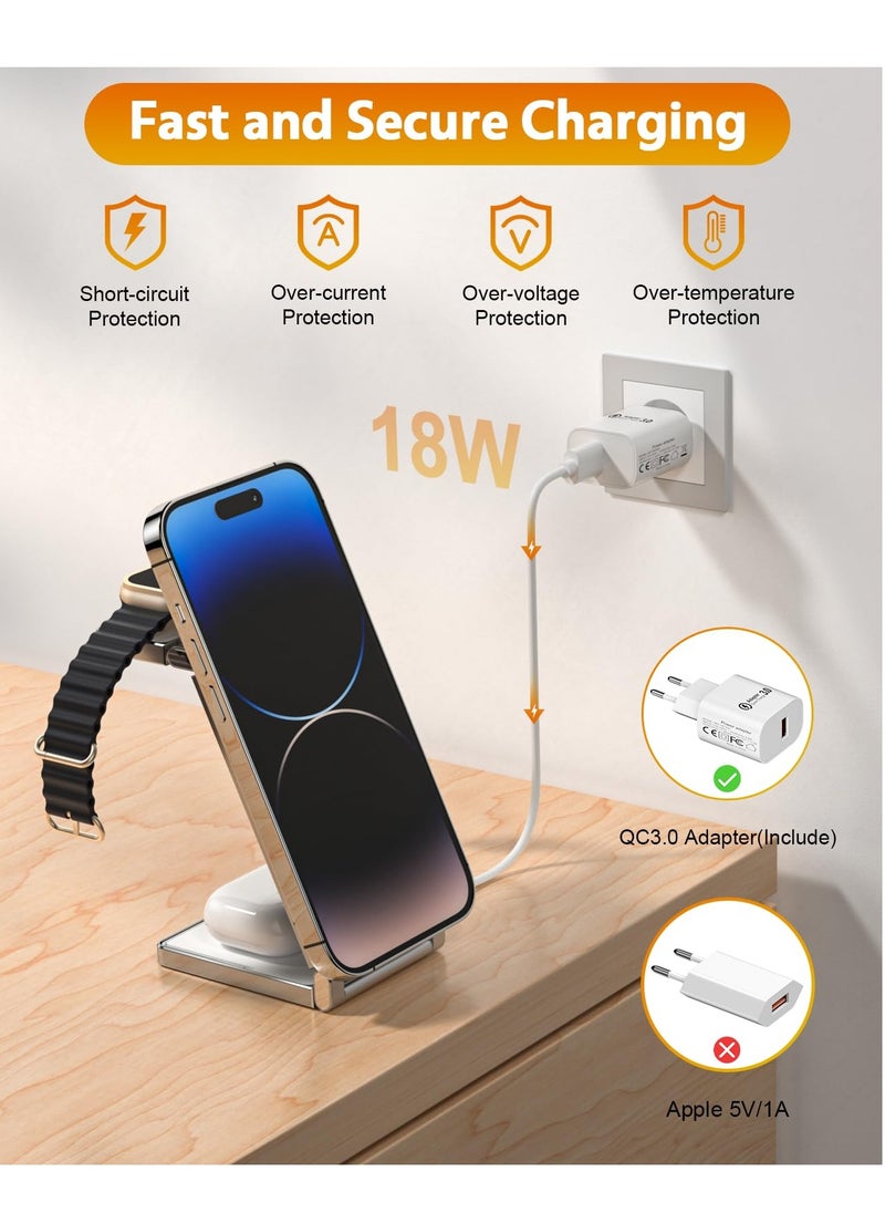 KASTWAVE 3 in 1 Wireless Charger, Mag-Safe Wireless Charger, Portable Mag-Safe Charger Stand, Foldable 3 in 1 Wireless Charging Station for iPhone 14/13/12/11/8/Pro/Max and Samsung