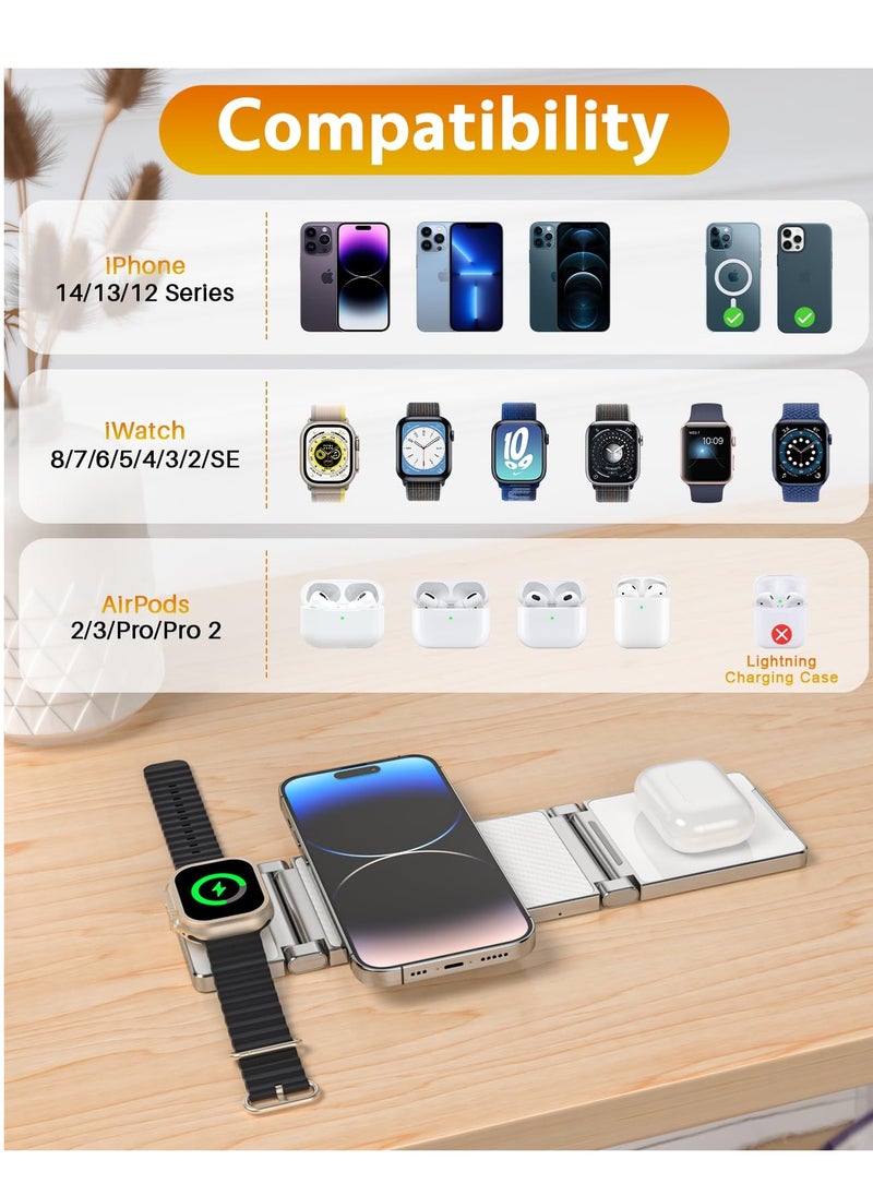 KASTWAVE 3 in 1 Wireless Charger, Mag-Safe Wireless Charger, Portable Mag-Safe Charger Stand, Foldable 3 in 1 Wireless Charging Station for iPhone 14/13/12/11/8/Pro/Max and Samsung