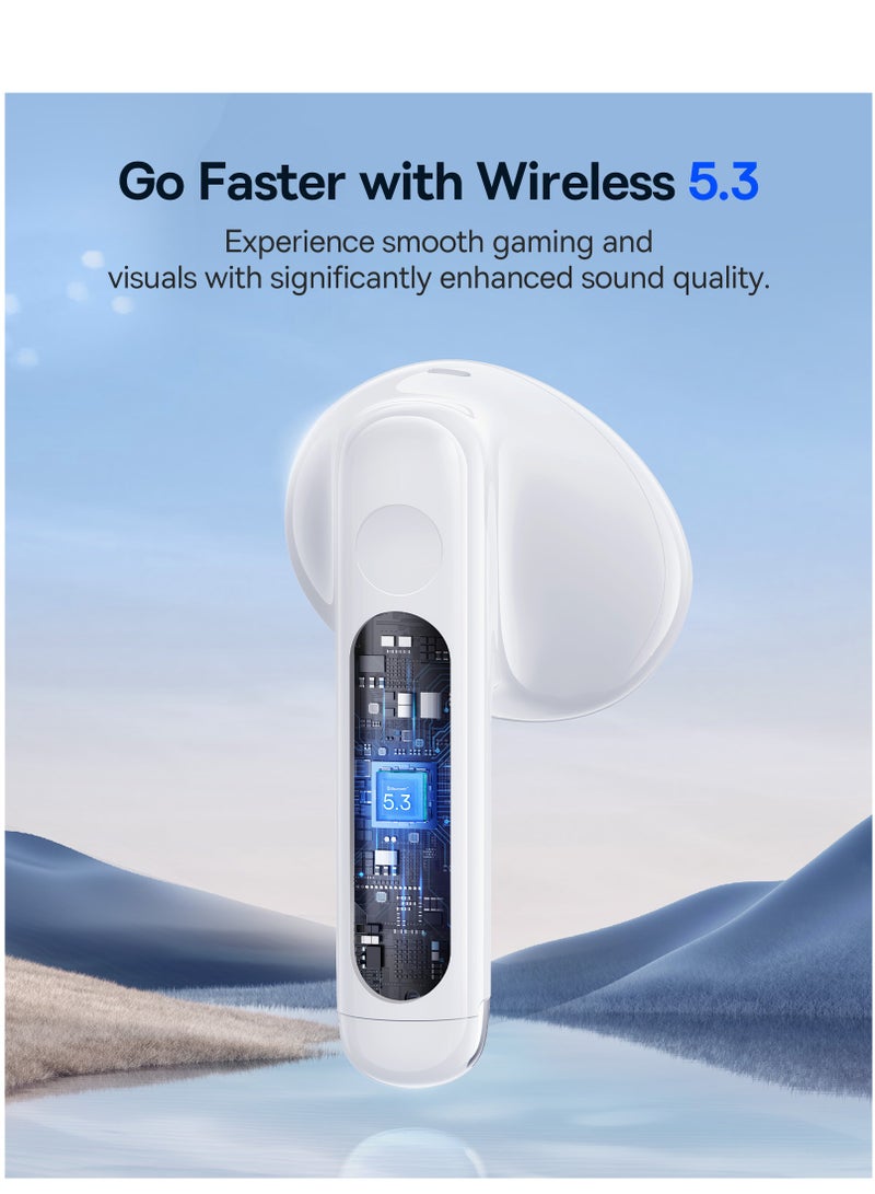 TWS Earbuds with Bluetooth 5.3, Up to 30 Hours Playtime, 0.06s Low Latency, Fast Charge Wireless Earbuds with App Control, Customizable Gestures, Equalizer Adjustment, and Sound Effects for Gaming, Music, and Calls – Premium Sound & Seamless Connection Moon White