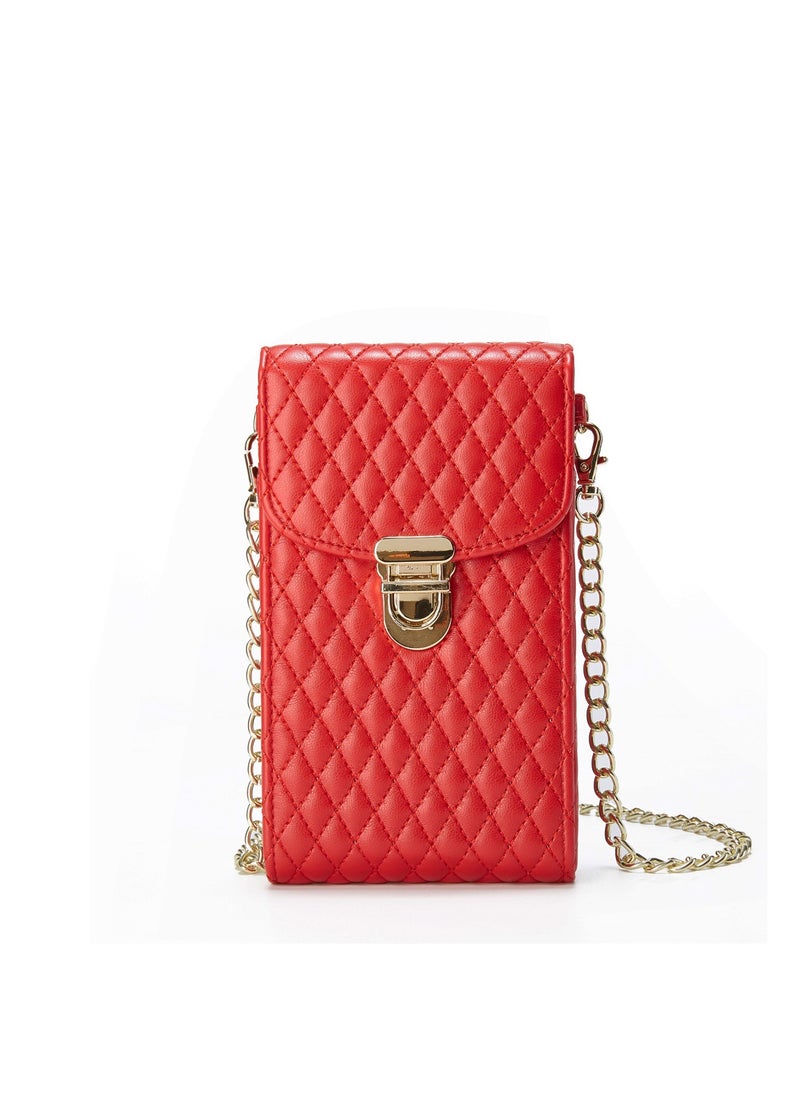 Cell Phone Bag Women Crossbody Small Shoulder Handbags Luxury Quilted Wallet Purse Soft Vegan PU Leather Case Ladies Dating with Gold Chain Strap (RED)