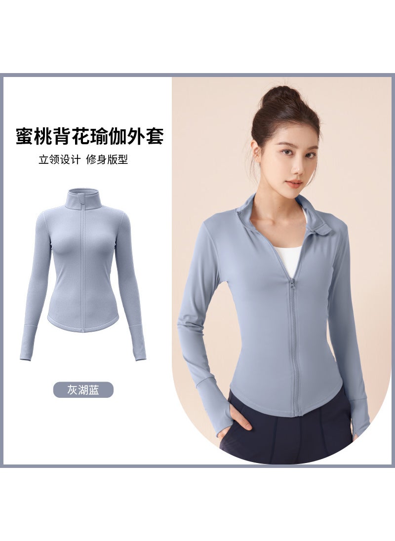 Womens High-Stretch Fitness Jacket for Yoga and Cycling Gray Lake Blue