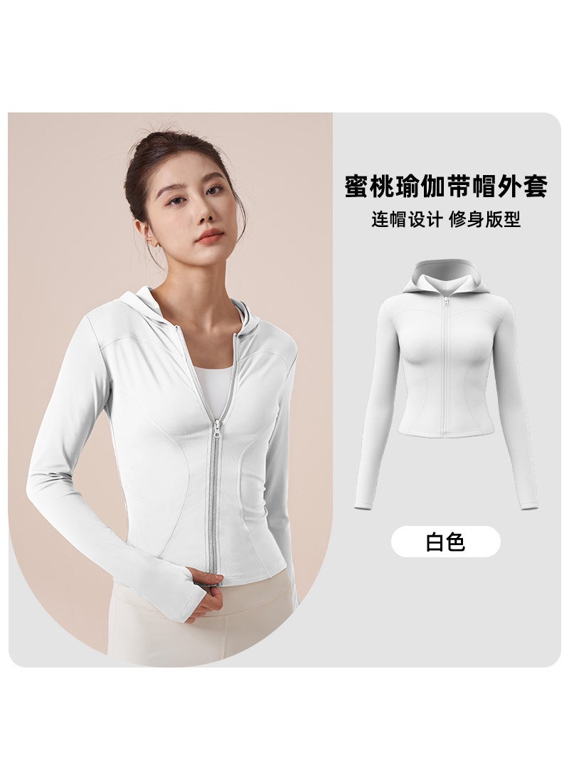 Juyitang autumn and winter hooded yoga Jacket Womens slim fit windproof running cycling sports fitness jacket White