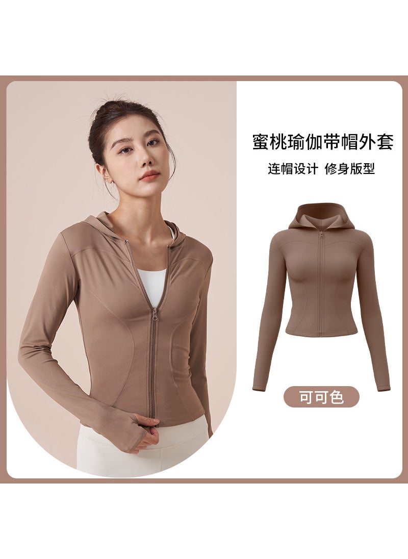 Juyitang autumn and winter hooded yoga Jacket Womens slim fit windproof running cycling sports fitness jacket Cocoa color