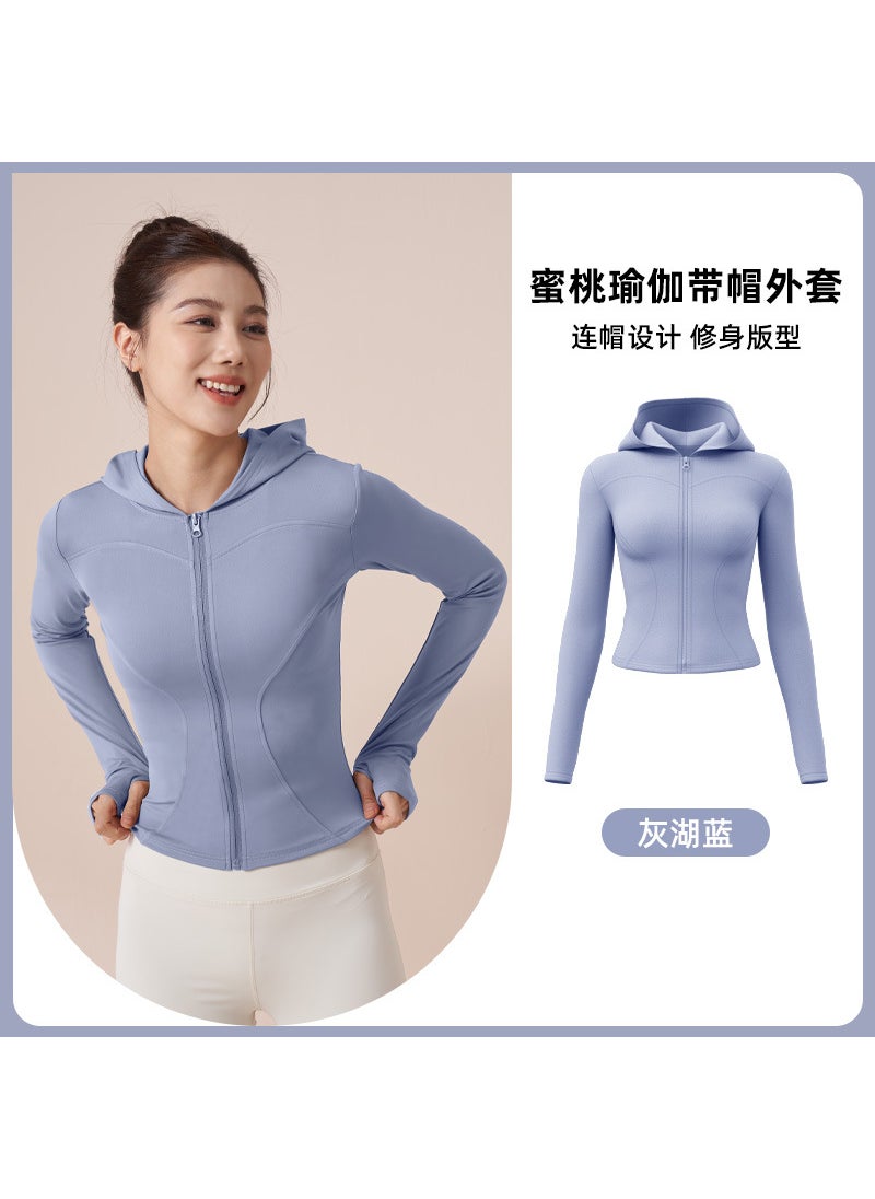 Juyitang autumn and winter hooded yoga Jacket Womens slim fit windproof running cycling sports fitness jacket gray lake blue