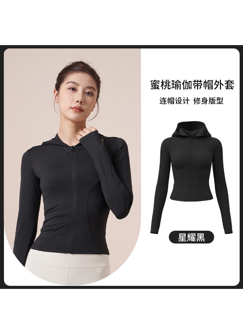 Juyitang autumn and winter hooded yoga Jacket Womens slim fit windproof running cycling sports fitness jacket Xingyao Black