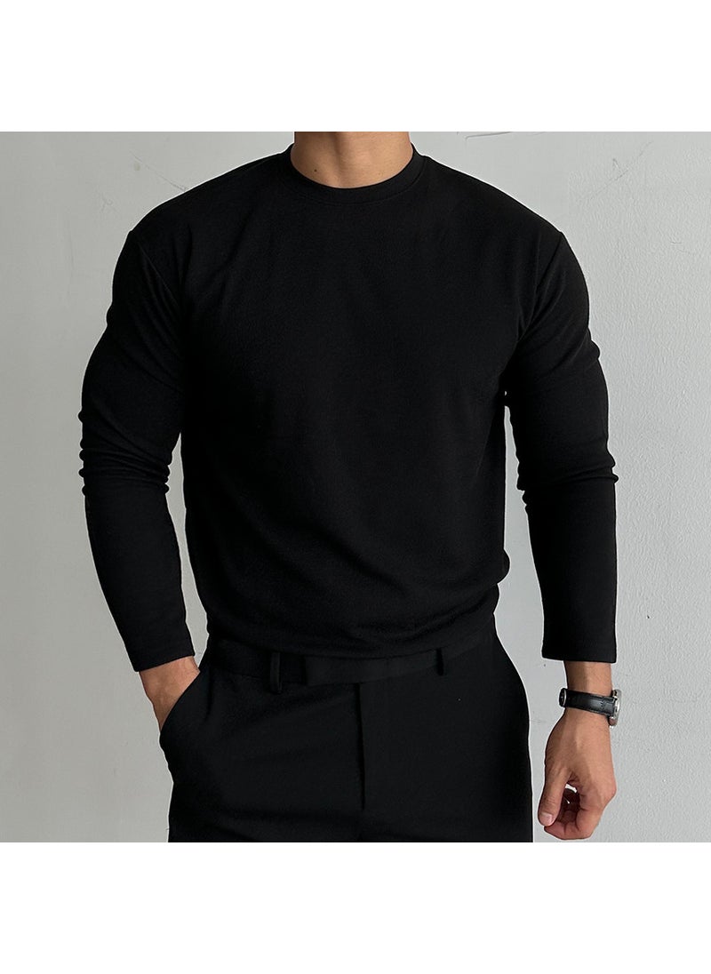 Autumn and Winter de Velvet thickened mens base shirt fitness sports leisure cross-border solid color long sleeve European and American round neck coat Black