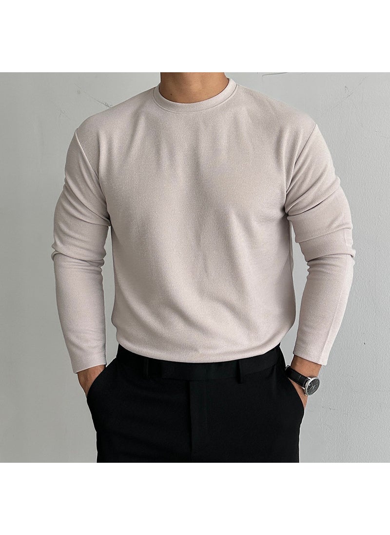 Autumn and Winter de Velvet thickened mens base shirt fitness sports leisure cross-border solid color long sleeve European and American round neck coat Lotus root color