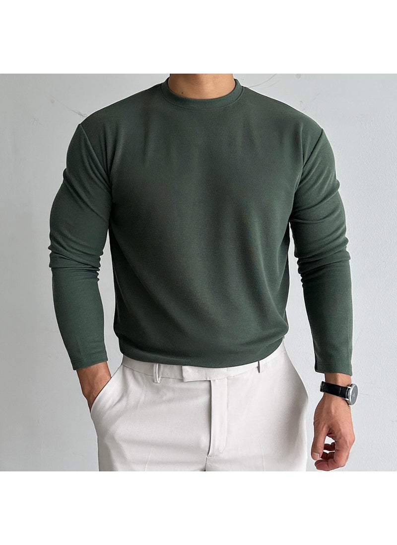 Autumn and Winter de Velvet thickened mens base shirt fitness sports leisure cross-border solid color long sleeve European and American round neck coat Green