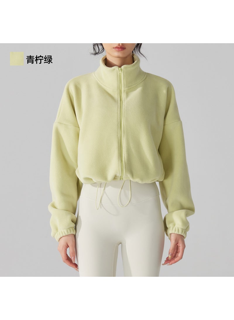 Polar Fleece Sports Jacket Womens long sleeve fleece-lined thickened windproof lamb yoga running clothes polar fleece fitness sweater Lime green