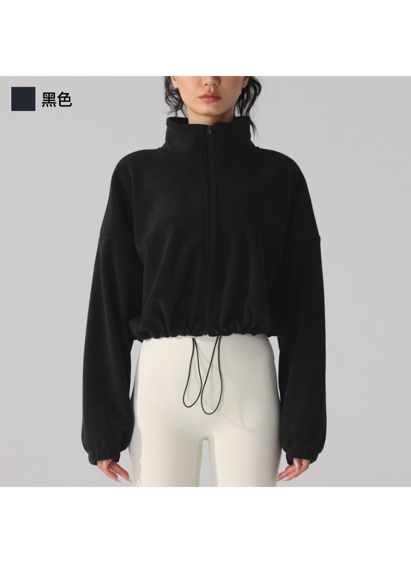 Polar Fleece Sports Jacket Womens long sleeve fleece-lined thickened windproof lamb yoga running clothes polar fleece fitness sweater Black