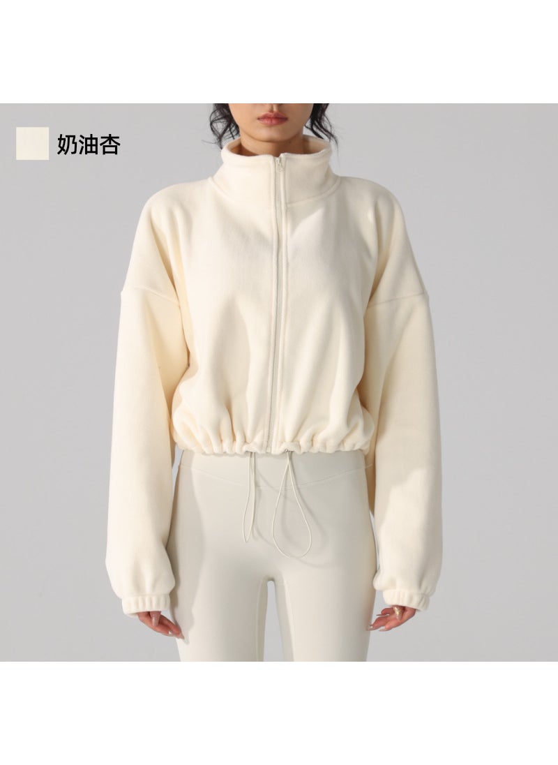 Polar Fleece Sports Jacket Womens long sleeve fleece-lined thickened windproof lamb yoga running clothes polar fleece fitness sweater Cream apricot