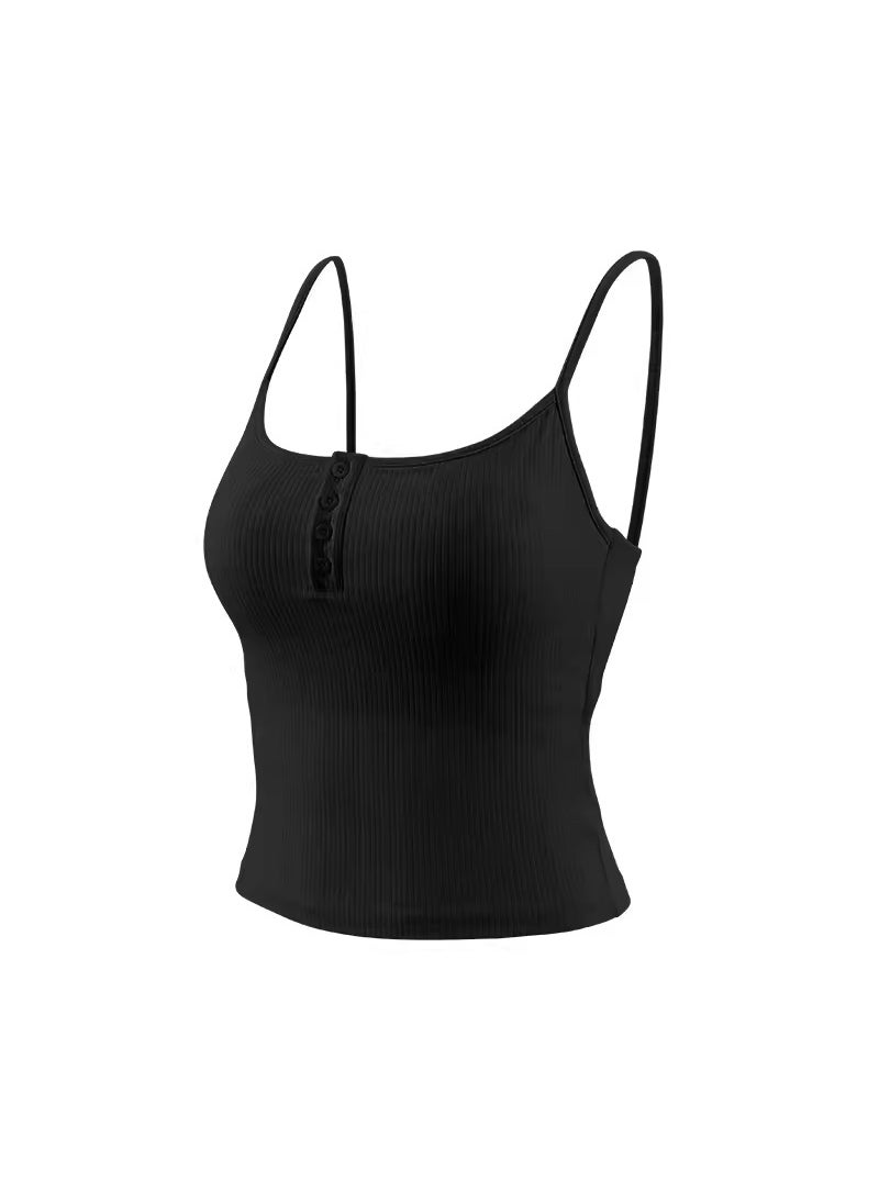 Threaded Sports Bra Tank Yoga Fitness Top Black fixed cup