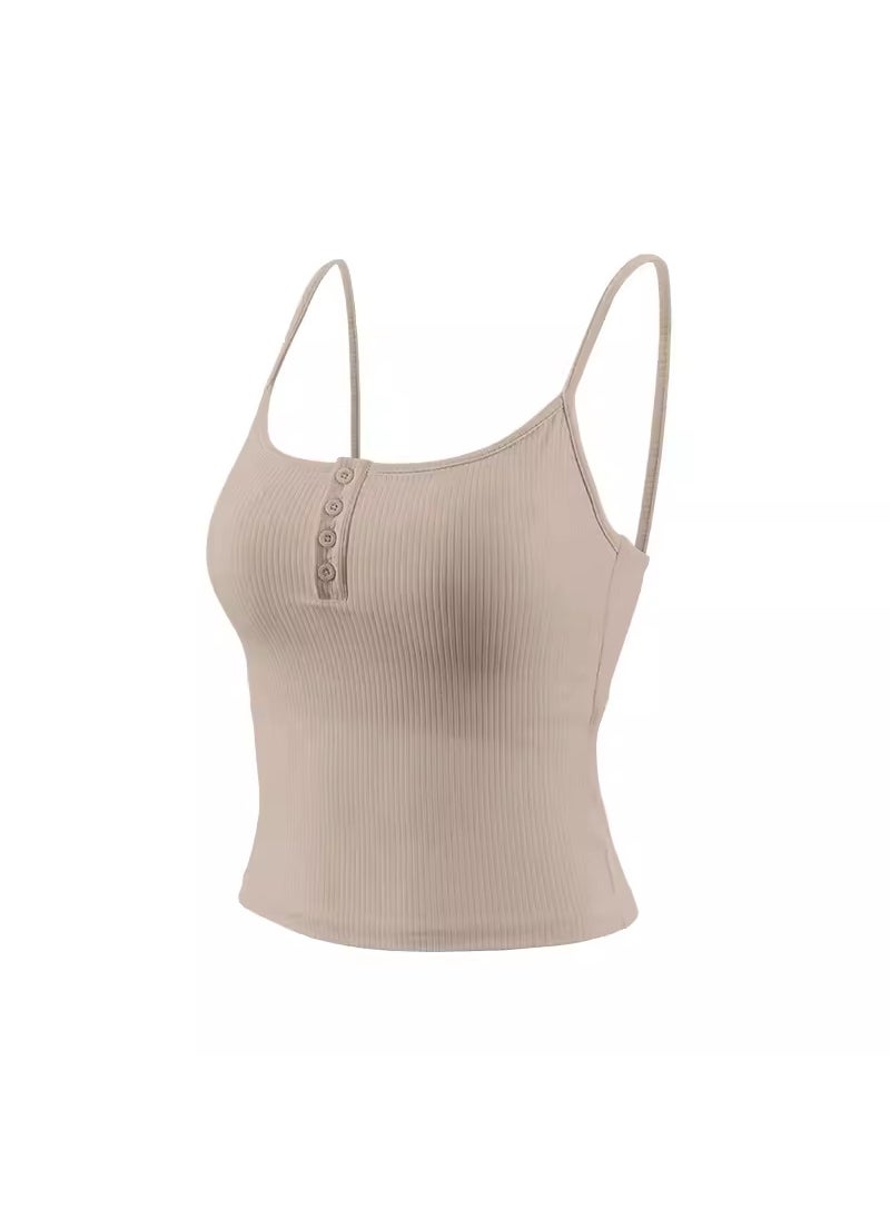 Threaded Sports Bra Tank Yoga Fitness Top khaki fixed cup