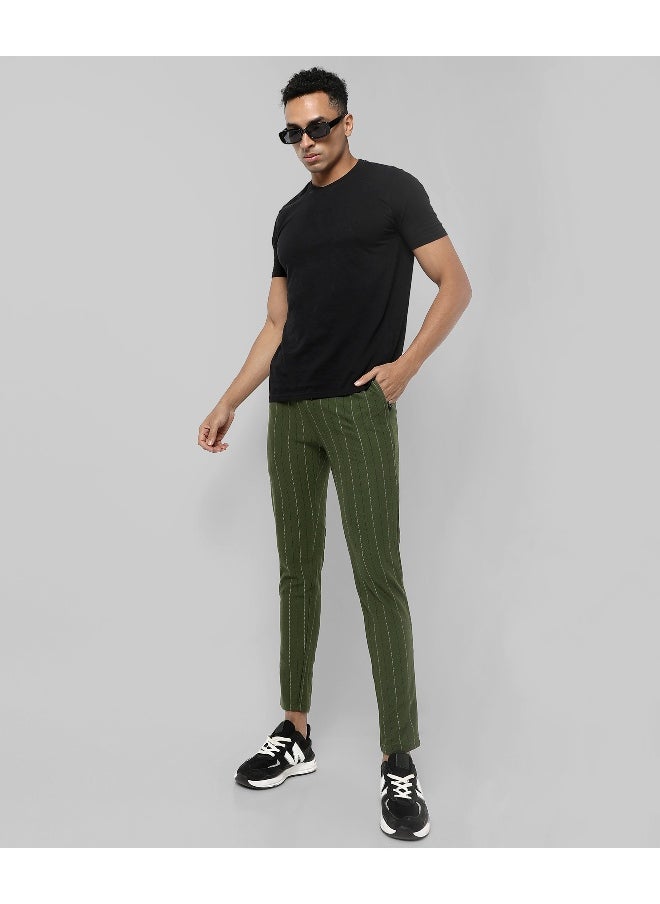 Men's Olive Green Striped Regular Fit Trackpants