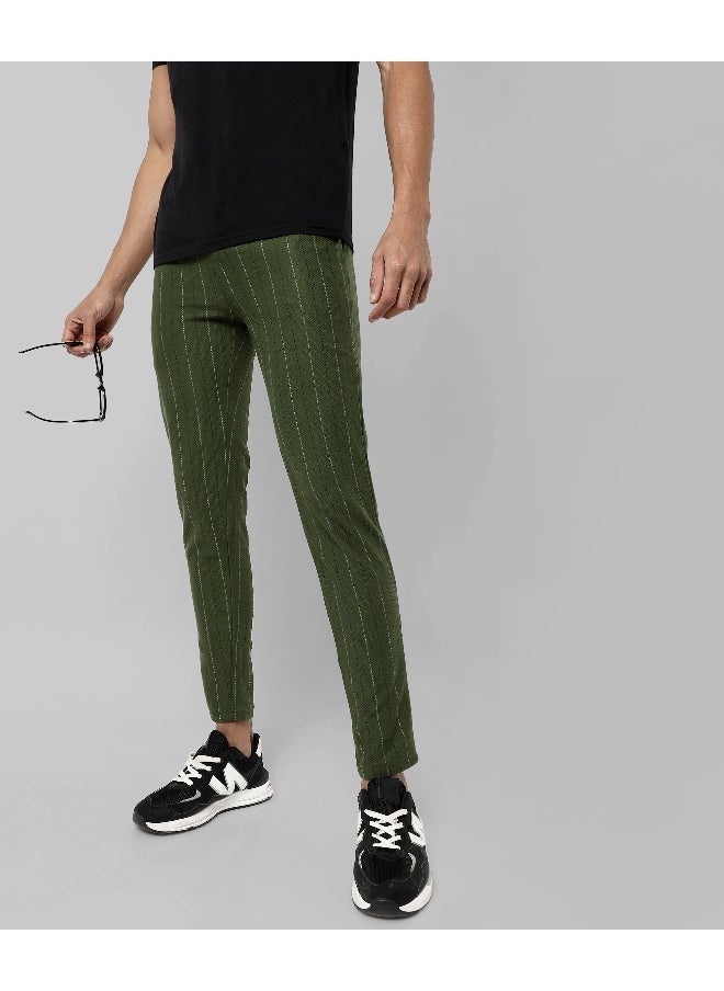 Men's Olive Green Striped Regular Fit Trackpants