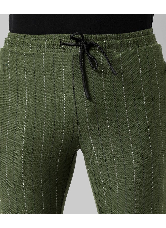 Men's Olive Green Striped Regular Fit Trackpants