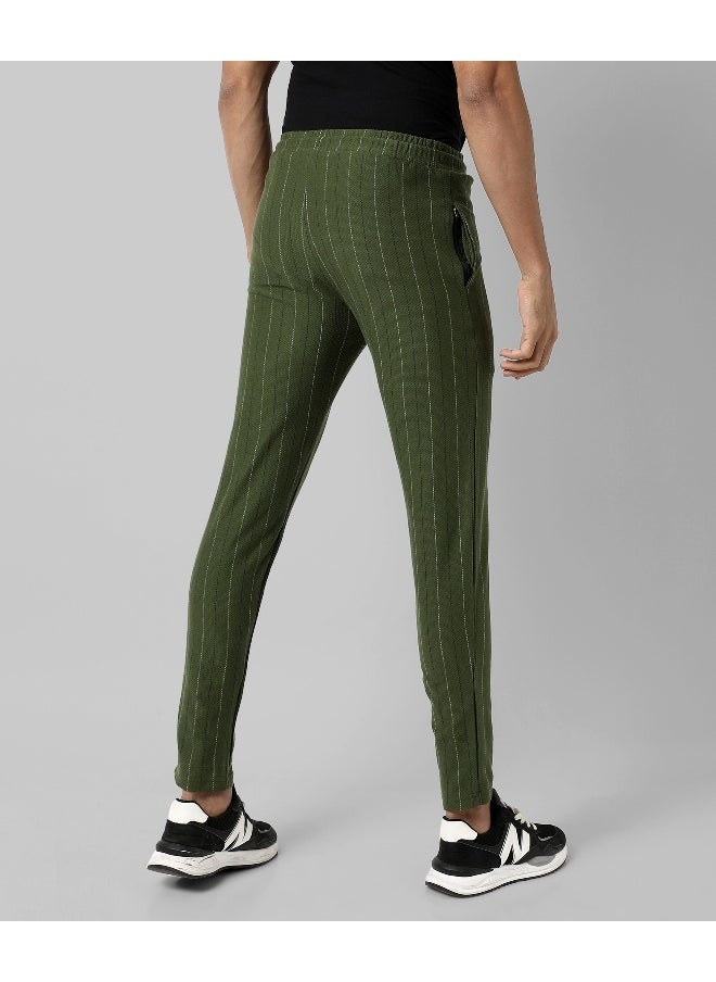 Men's Olive Green Striped Regular Fit Trackpants