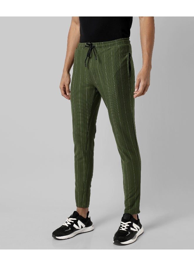 Men's Olive Green Striped Regular Fit Trackpants