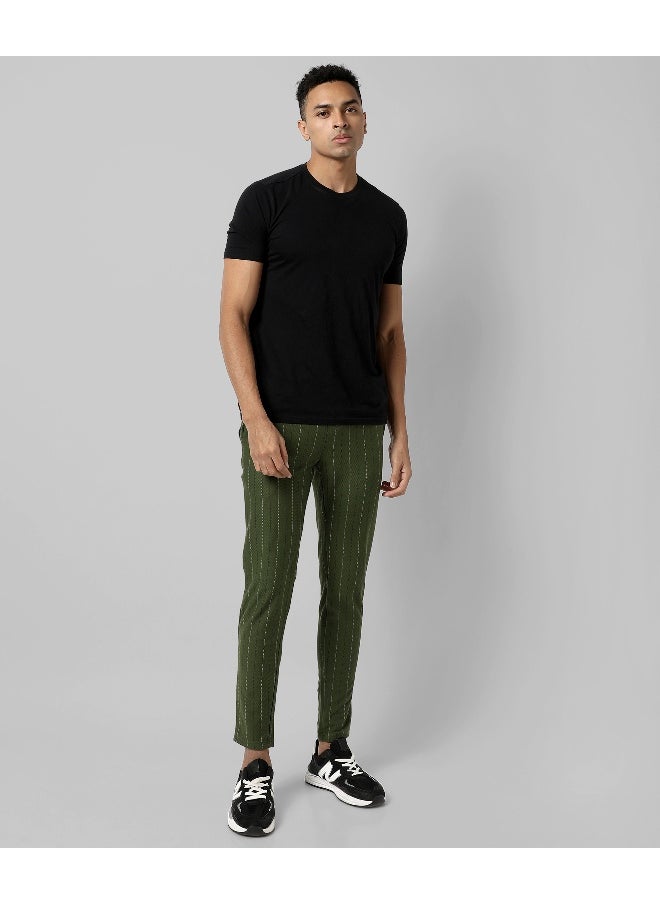 Men's Olive Green Striped Regular Fit Trackpants