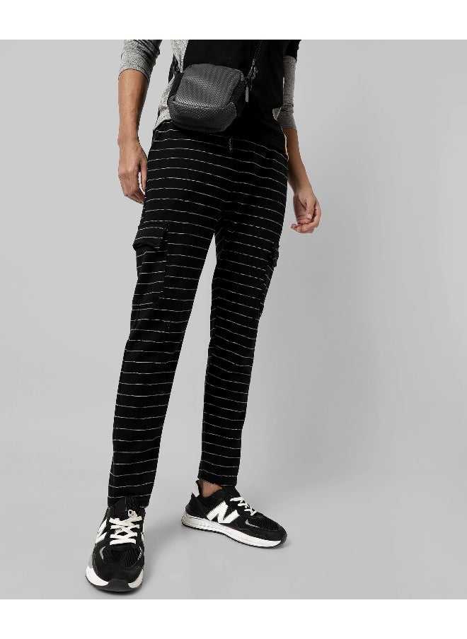 Men's Black Striped Regular Fit Trackpants