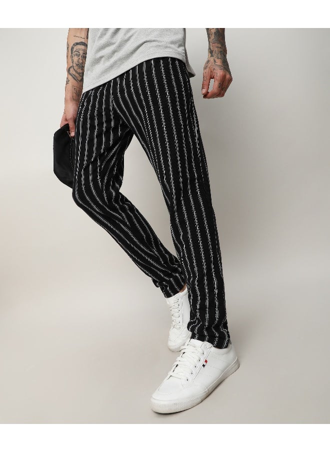 Men's Jet Black Halo Striped Trackpants