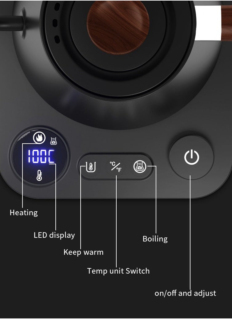 Coffee Kettle with LCD Display, 1200W 900ml Gooseneck Kettle,Real-Time Temp Control Hot Water Boiler to Pour Over Coffee, Brew Tea,Quick Heating Pot, 304 Stainless Steel,Matt Black