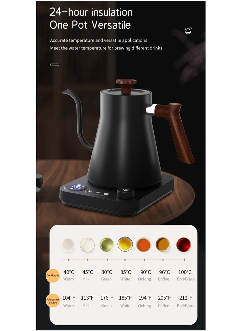 Coffee Kettle with LCD Display, 1200W 900ml Gooseneck Kettle,Real-Time Temp Control Hot Water Boiler to Pour Over Coffee, Brew Tea,Quick Heating Pot, 304 Stainless Steel,Matt Black